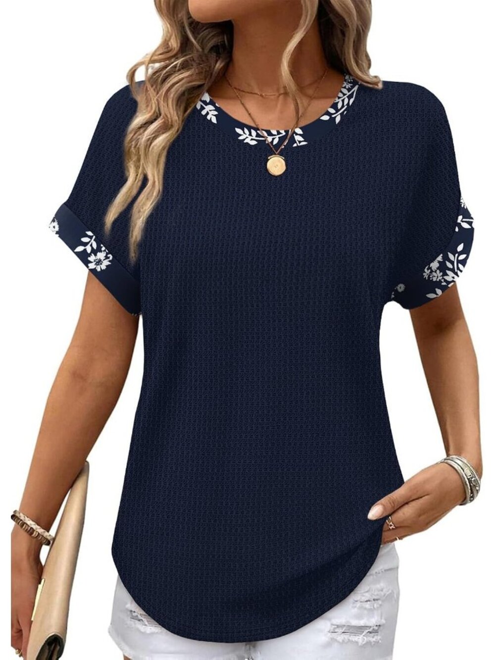 Women's Unique Floral Navy Polyester Blend Short Sleeve V Neck Henley Shirts